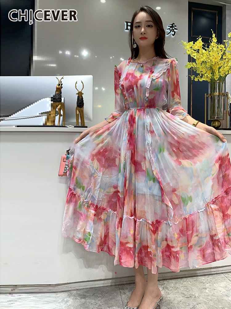 

CHICEVER Vintage Print Floral Colorblock Dress For Women Round Neck Half Sleeve High Waist Midi Dresses Female Clothing Fashion