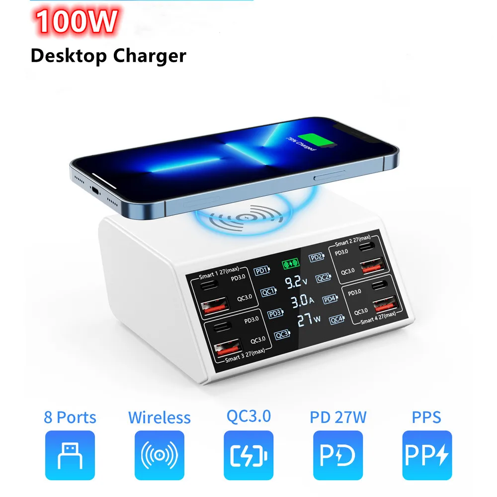 

100W 8 Ports USB Charger PD QC3.0 USB C Fast Phone Charger Qi Wireless Charger Charging Station For iPhone 12 13 14 Xiaomi