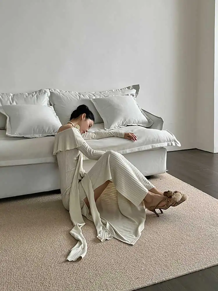 Женское трикотажное платье макси REDDACHiC с открытыми плечами и длинными рукавами