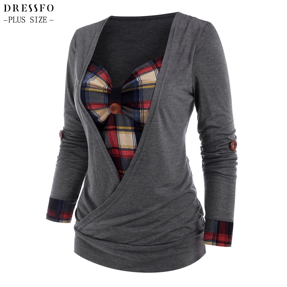 

Dressfo L-5X Plus Size Plaid Print Crossover Faux Twinset Top Female Casual Long Sleeve Ruched Bust Twofer Tee Blouse