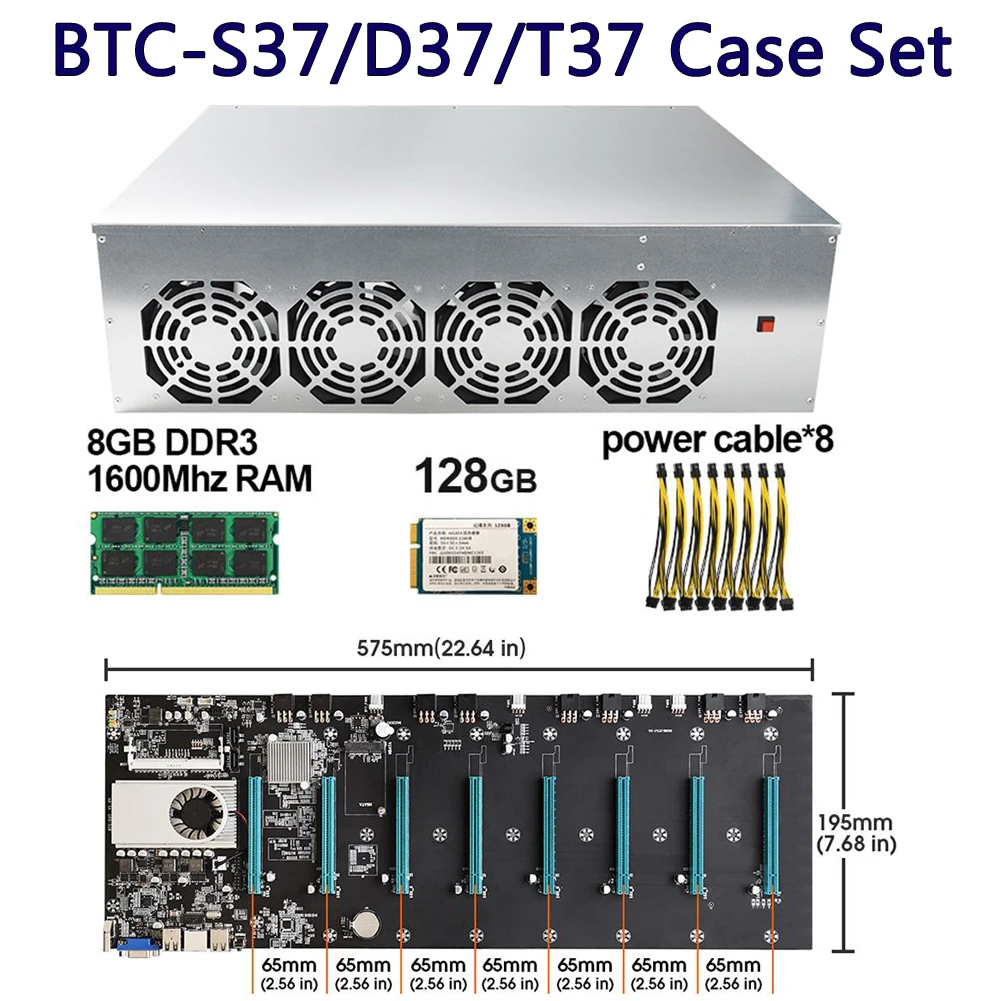 

1 Set BTC-S37 T37 D37 Mining Chassis Combo Mining Motherboard 8x PCI Express 16X DDR3 SODIMM Miner Board with CPU 128G MSATA