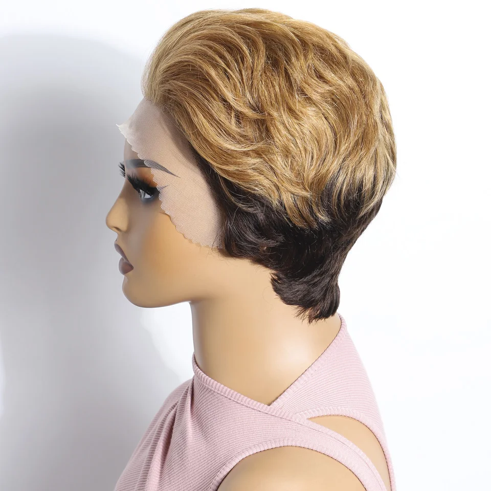 Фото Lekker Ombre Blonde Короткие стрижки пикси Прямые кружевные передние парики из 100% человеческих волос для женщин Бразильские волосы Remy Зачесанные назад парики Боб №4