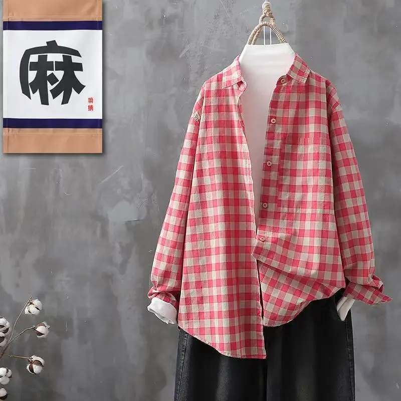 

SuperAen Spring Autumn 2022 New Retro Plaid Cotton and Linen Turn Down Collar Shirt Casual Loose All Match Coat Women Tops