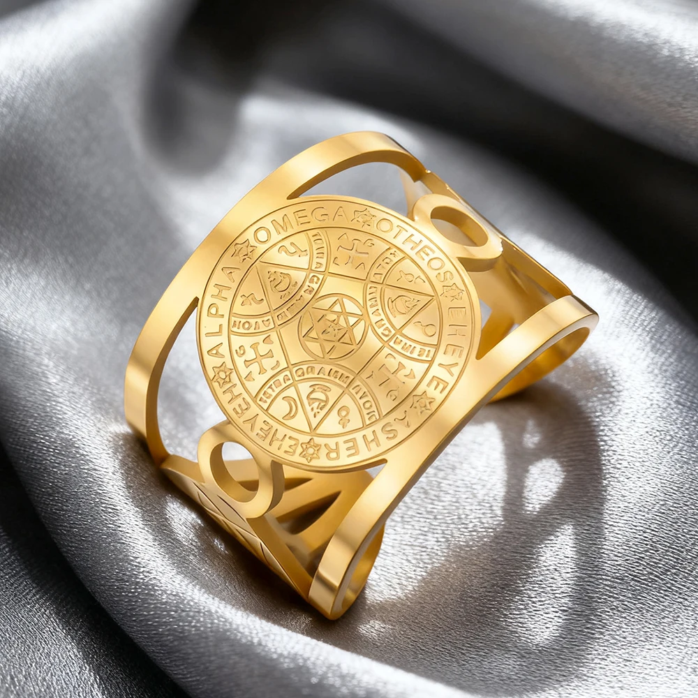 Фото Кольцо Dawapara Enochian Magic Archangels, регулируемое, с символикой Соломона и каббалы, амулет защиты, из нержавеющей стали. №2