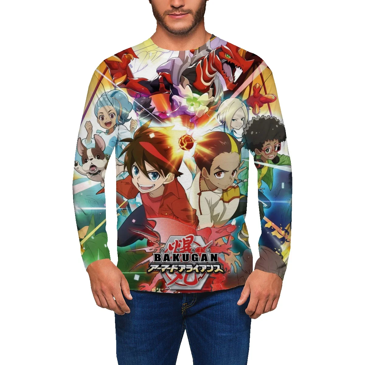 Фото Свитер Bakugan с круглым вырезом и длинными рукавами, Мужская весенне-осенняя брендовая свободная футболка в стиле ins для студентов, Повседневн... №2