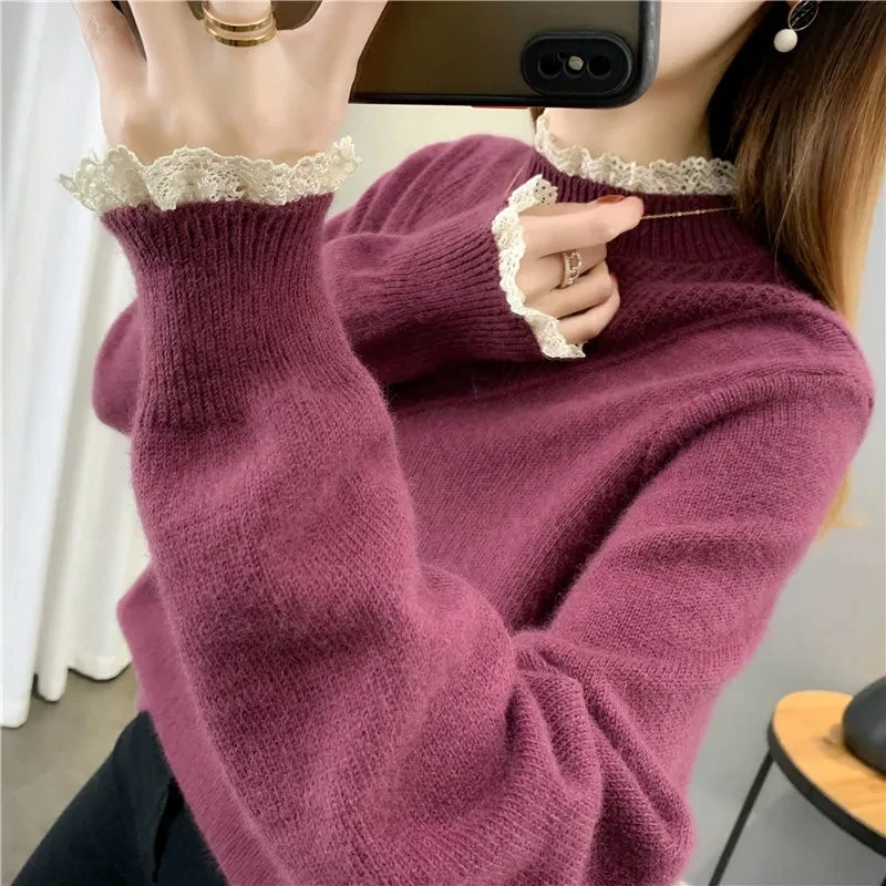 Свитер с кружевным воротником женская рубашка на весну и осень топ новинка 2024