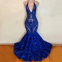 sexy deep v neck flower prom dresses halter backless mermaid evening party gown for woman illusion shine blue custom plus size