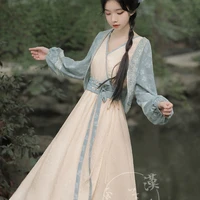 2022 original design spring chinese style women slanted sleeveless dress lantern sleeve jacquard cardigan coat dress suit hanfu