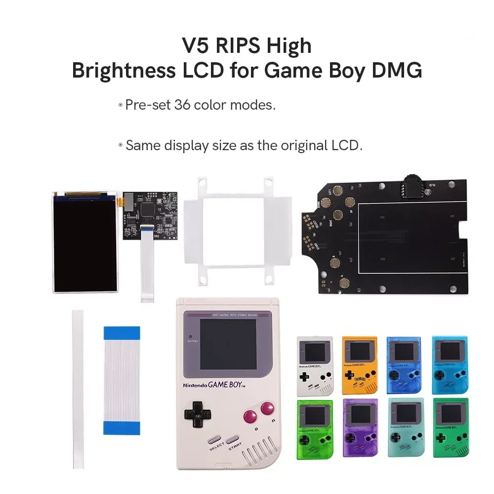 

GB DMG V5 36 Colorful Models OSD Menu Full Size RIPS Backlight LCD For GameBoy DMG GB DMG Console And Pre-cut Shell Case