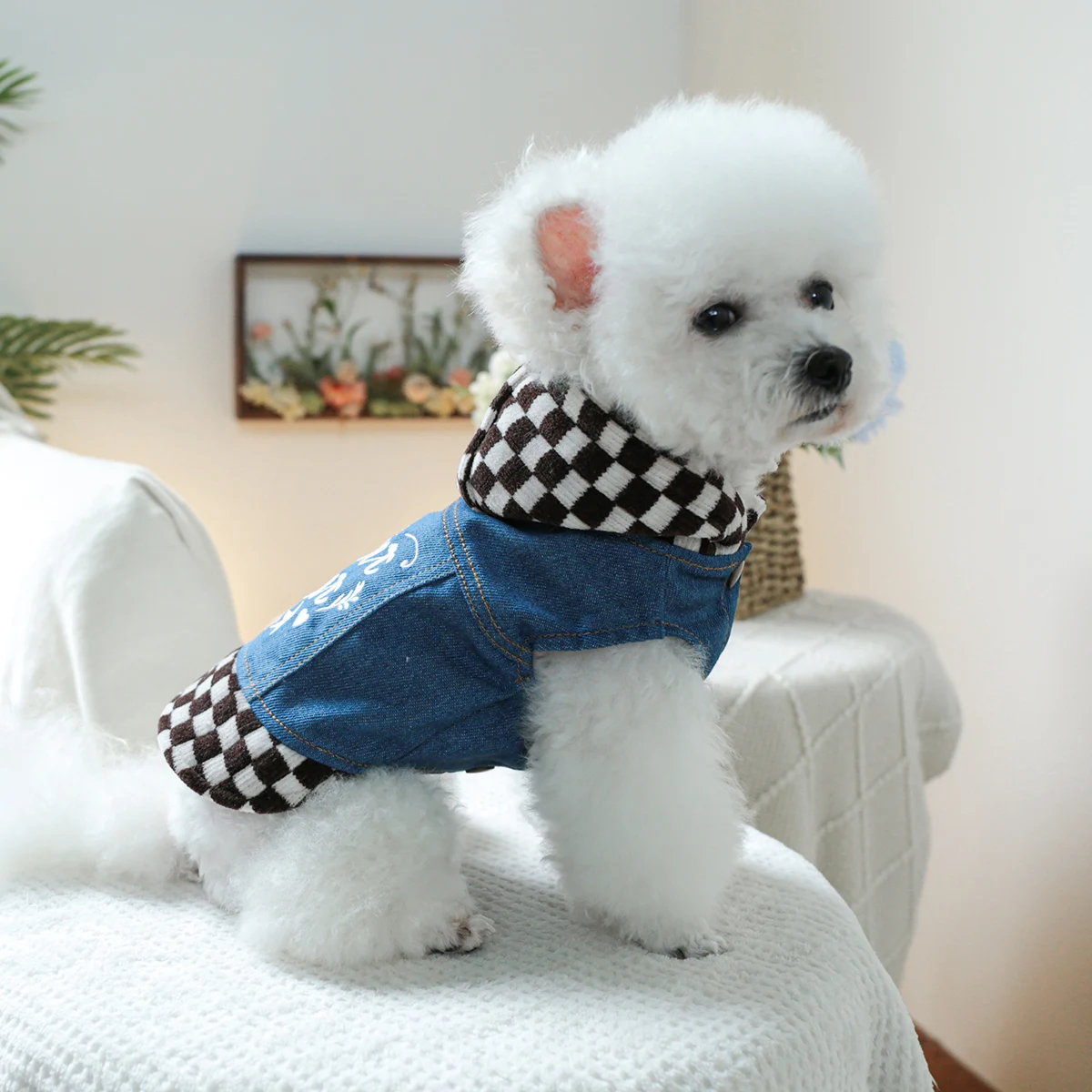 Одежда для домашних собак Весенне-осенняя коричнево-белая джинсовая шапка Kori со