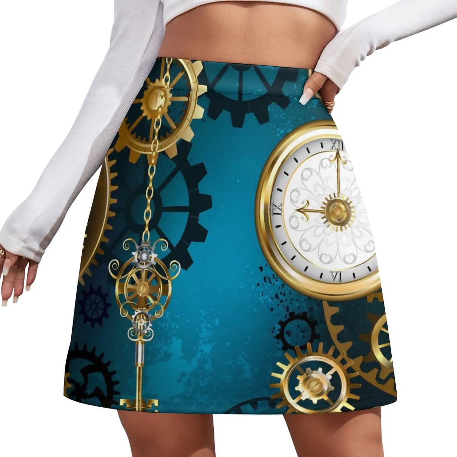 

Steampun Clock Skirt Skeleton Key Print Elegant Mini Skirts Summer High Waist Design Street Fashion Casual Skirt 2XL 3XL 4XL