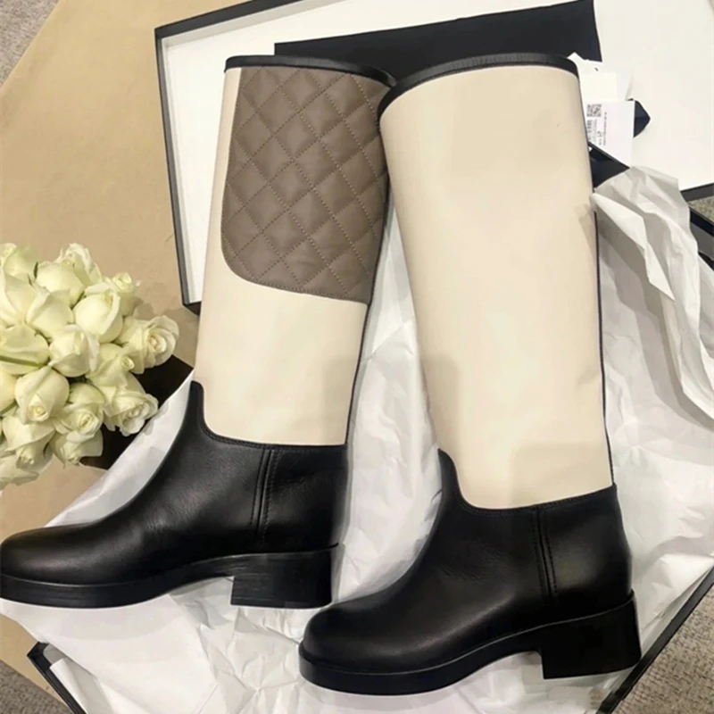 New Plaid Colorblock Knight Boots Women's All-Match Long Boots Round Toe Fashion Boots