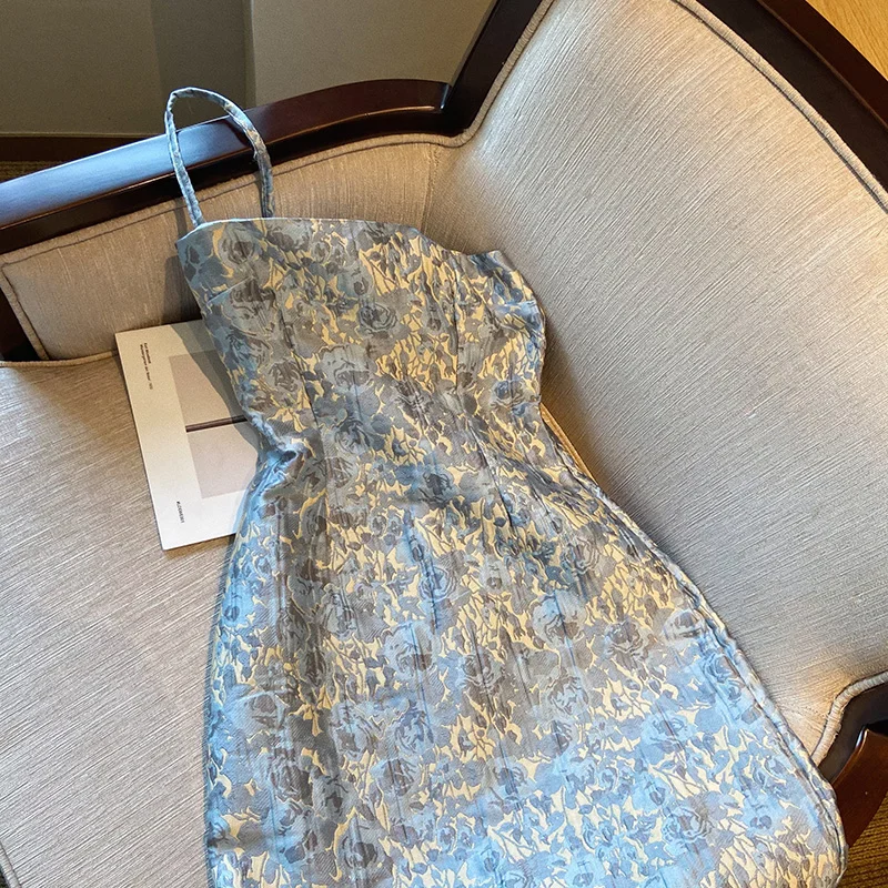 

French Sleeveless Rose Print Boho Summer Midi Strap Dress Women Floral Blue Dresses Sundress Vintage Classic Trendy Robe Female
