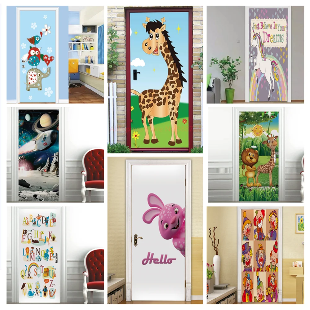 Cartoon Children Door Stickers For Kids Boys Girls Room Bedroom Decoration Giraffe Adhesive Vinyl Wallpaper Poster Wall Mural 3D