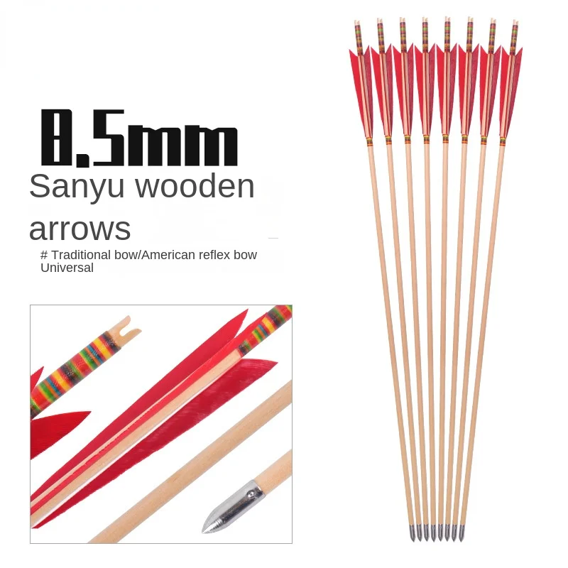 

6pcs/12pcs/24pcs Wooden Arrows 8.5mm Diameter Steel Arrows Red Turkey Feathers for Compound/Recurve Archery Shooting Accessories