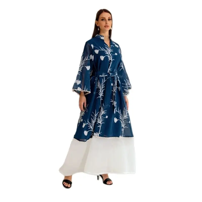 Dubai Long Woman Evening Dress Elegant Mesh Embroidery Belted Kaftan Panel Hem Robe Abayat 2022 Autumn Ladies Dresses