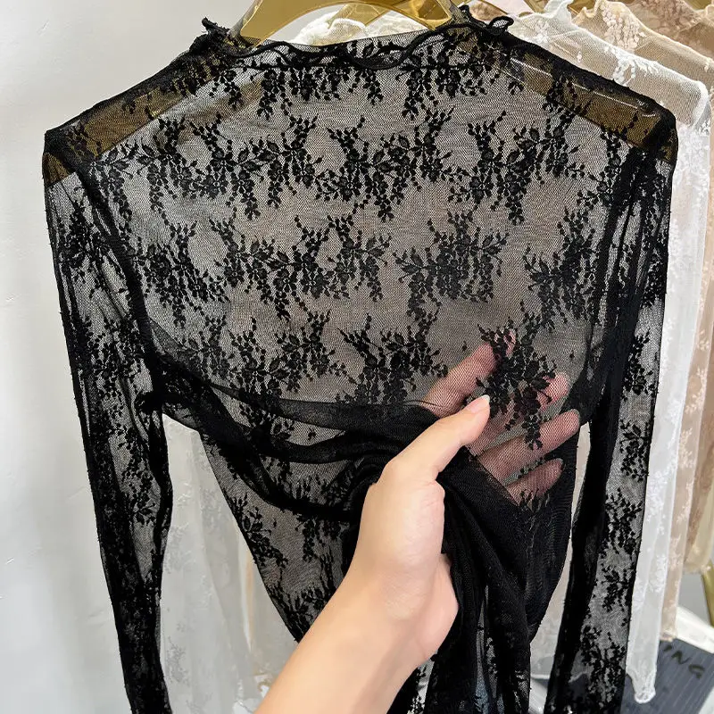 Y2k Однотонные блузки с воротником-стойкой и краями кружевные слегка прозрачные