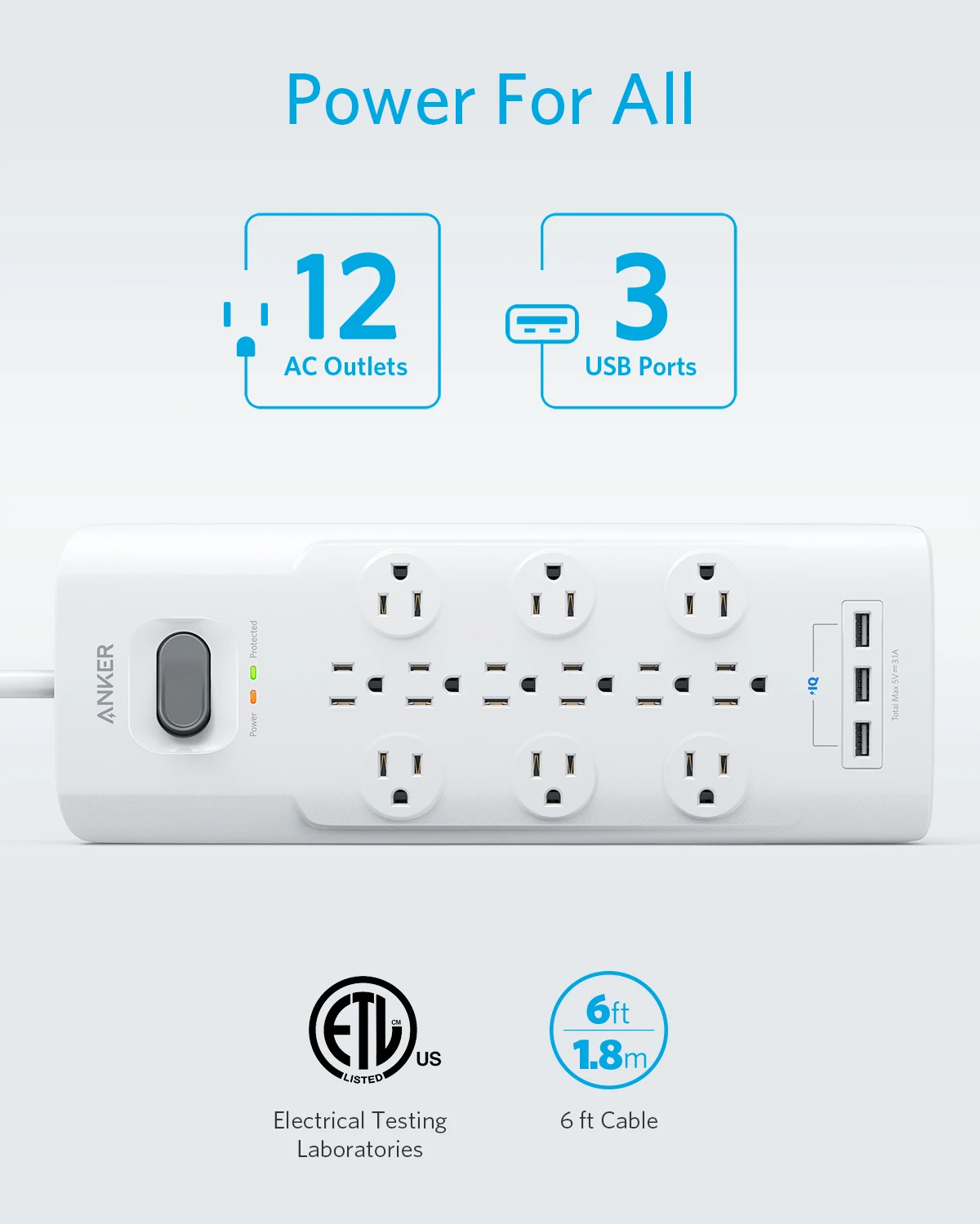 Сетевой фильтр Anker с защитой от перенапряжения 12 розеток и 3 USB-порта плоской