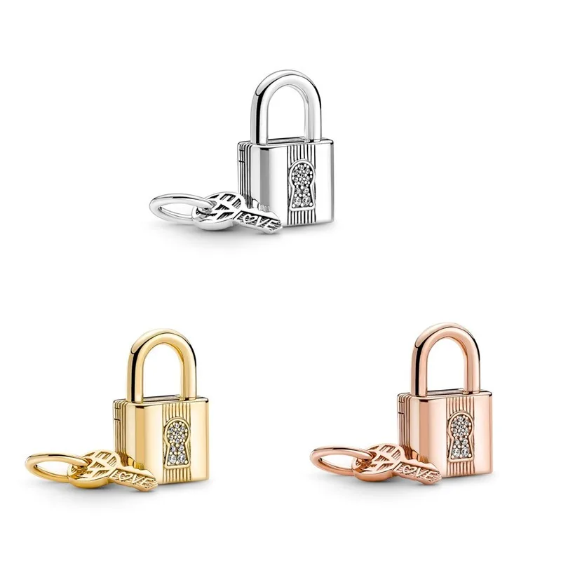 

Original Rose Gold Padlock And Key Dangle Beads Charm Fit Pandora Women 925 Sterling Silver Europe Bracelet Bangle Diy Jewelry
