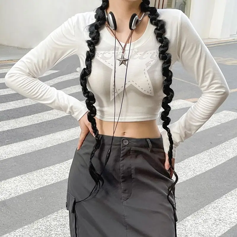 

HOUZHOU Y2k Long Sleeve T-shirt Women Vintage Kpop Crop Top Aesthetic Gorpcore Print Harajuku Tshirts Korean Fashion Streetwear