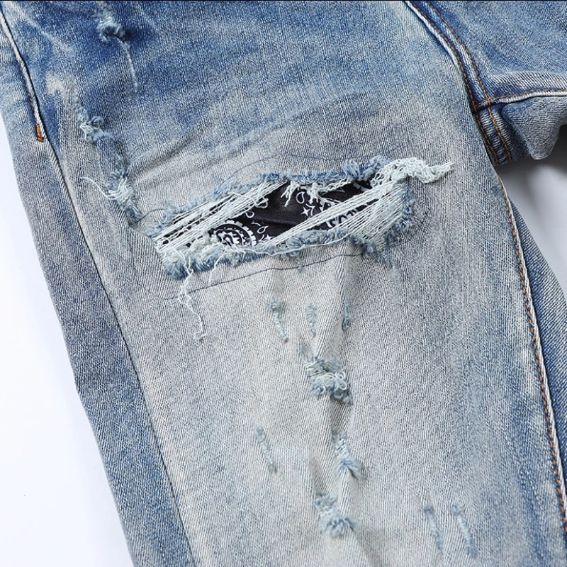 2023 Luxury Brand Men's Jeans Casual Skinny Denim Ripped Patch Stretched Pants Fashion Flame Fireworks Printing Slim Trousers