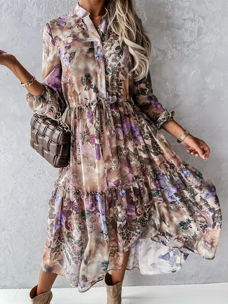 

Women Dress Floral Dress Spring Flower Print Long Sleeve Ruffle Dress Chiffon Women Elegant V Neck A-Line Party Vestidos 2022