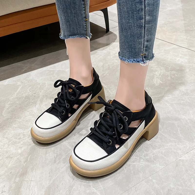 Summer Cut-out Sneakers Woman Feminine High Heel Dress Shoes Ladies Casual Lace-Up Platform Sandals Wide Fit