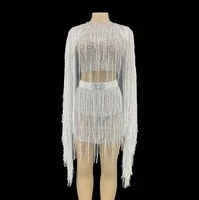 silver shining sequins rhinestones top and dress tassel sexy women dance ballroom cloth stage singer costume party nightclub