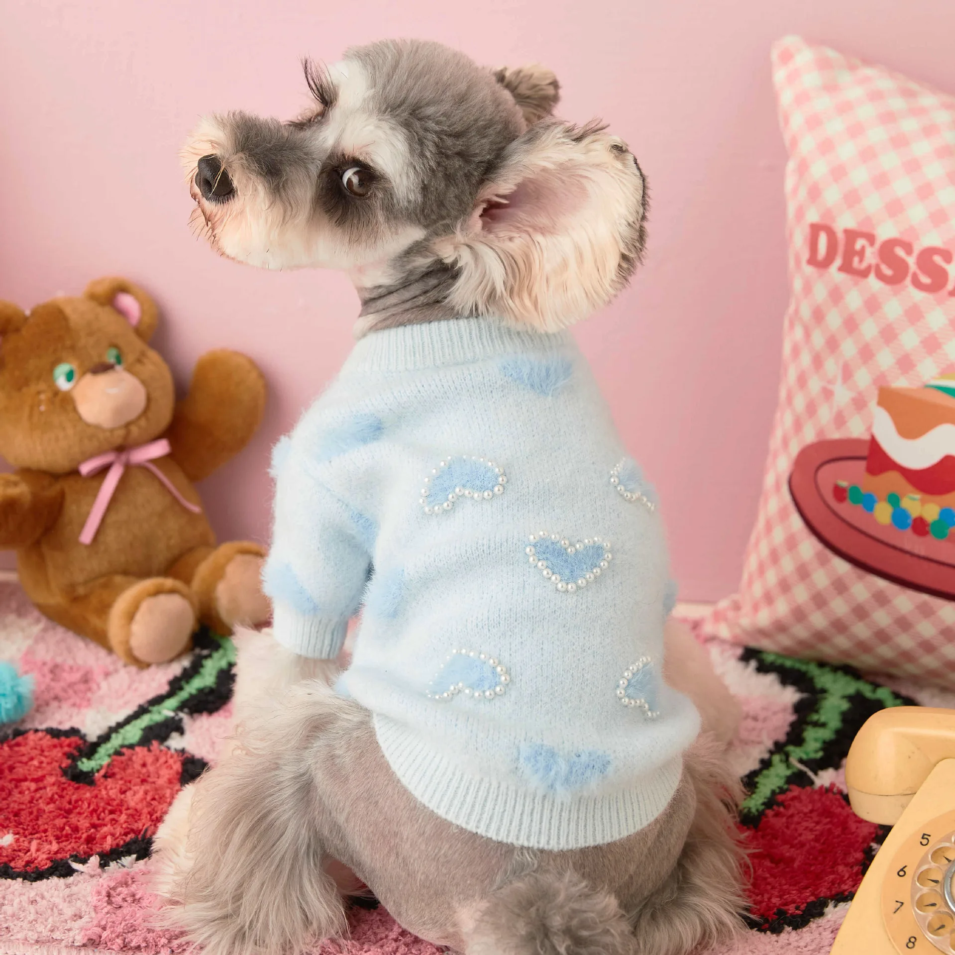 

Blue Beaded Round Neck Sweater for Pet, Cute Dog Clothes, Teddy, Fadou, Pago Bears, Warm, Autumn and Winter
