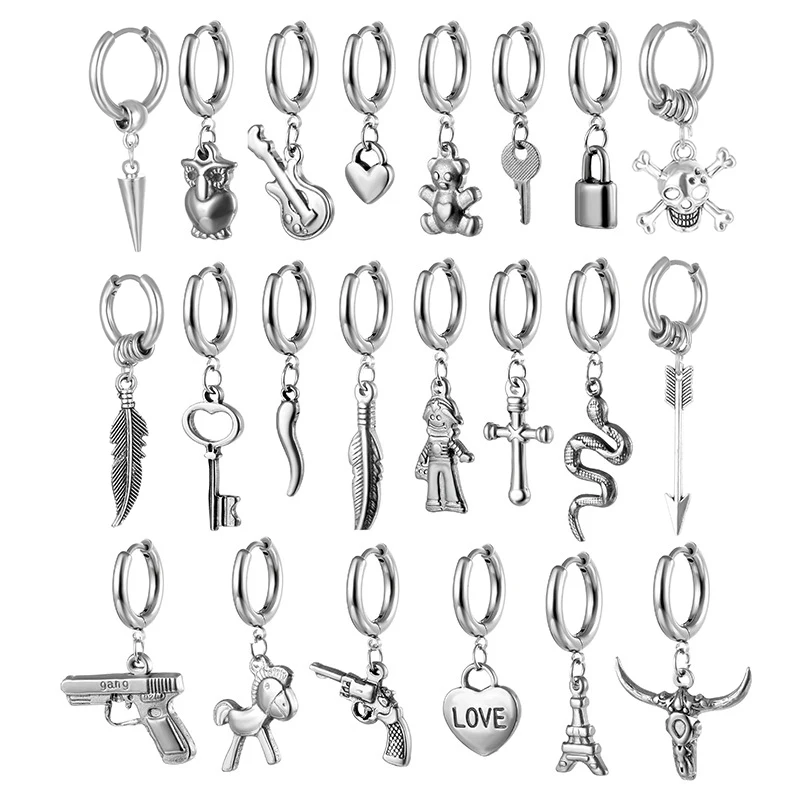 

SOHOT Gothic Punk Stainless Steel Cross Lock Key Snake Scorpion Hoop Earrings For Women And Man Piercing Jewelry Party Wholesale