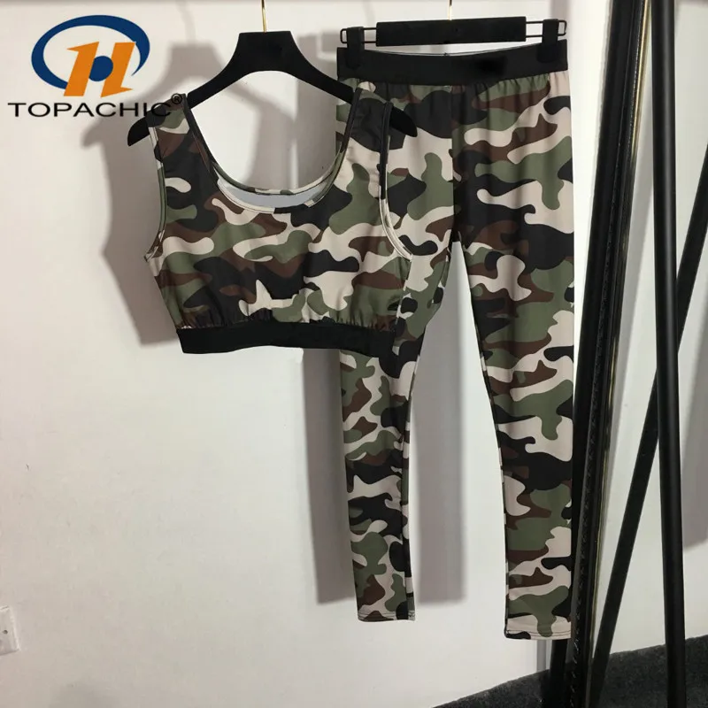 

6.15 High Quality Casual Yoga Tracksuit Set Women Letter Camouflage Print Tank Top + Elastic Waist Leggings Pants