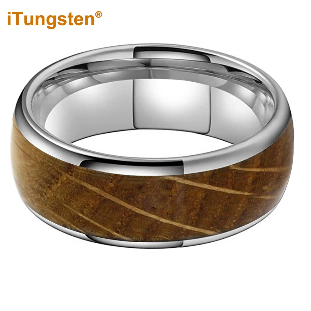 iTungsten 8mm Cool Whiskey Barrel Oak Wood Ring Tungsten Engagement Wedding Band for Men Women Domed Polished Comfort Fit
