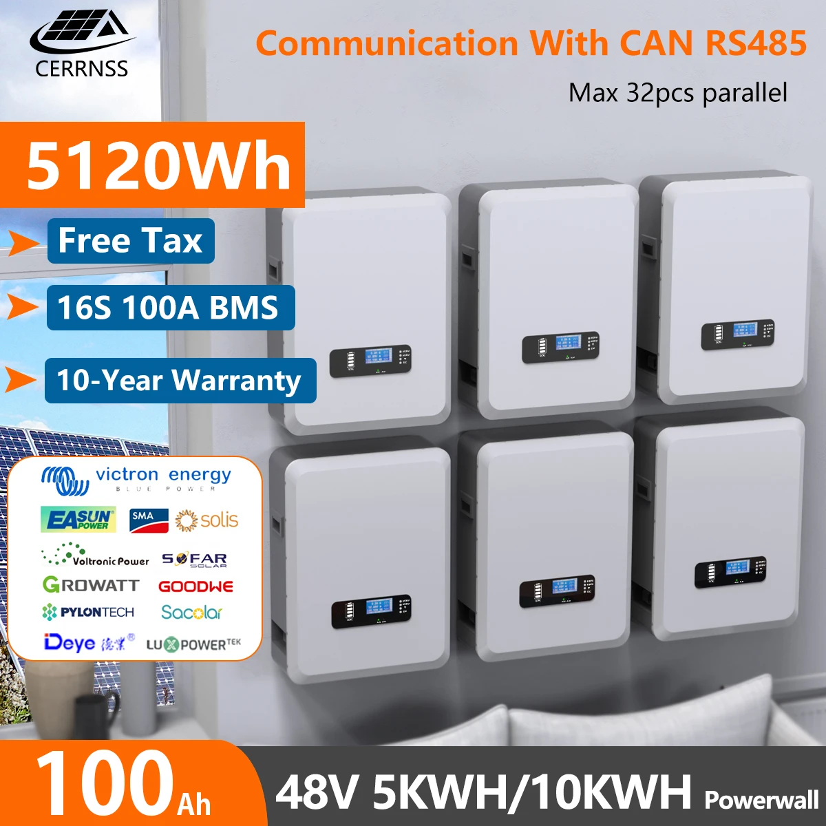 LiFePO4 48V 100Ah Powerwall 5KW แบตเตอรี่ลิเธียม> 6000รอบ16S 100A BMS สามารถ RS485สำหรับ off/On-Grid Solar ฟรีภาษี