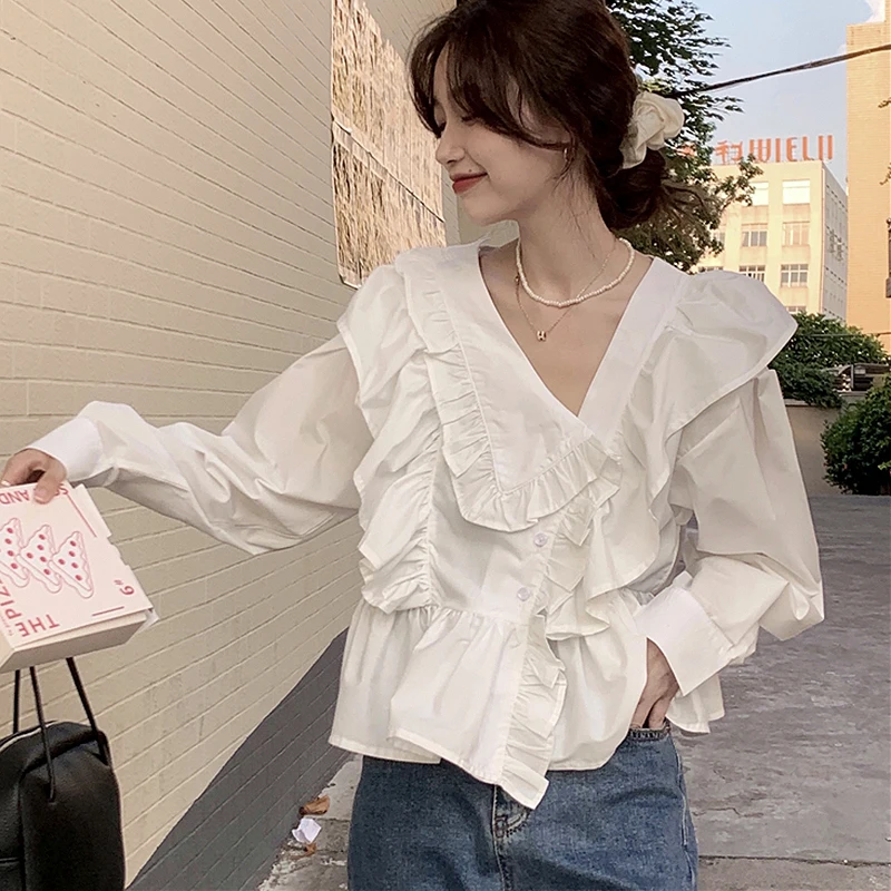 

Модная женская винтажная хлопковая блузка с оборками, белая рубашка с V-образным вырезом, 2022