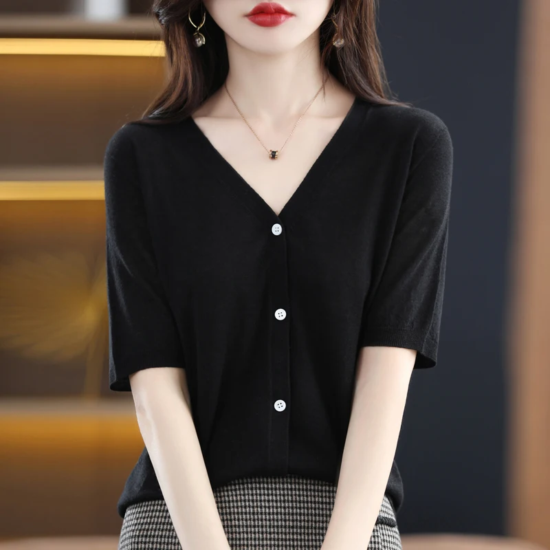 Spring And Autumn New Wool V-Neck Sweater Women's Fashion Versatile Top  Elegant Short Sleeve Knitted Exquisite Cardigan Casual - купить по выгодной  цене | AliExpress