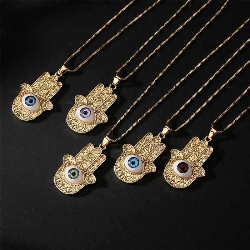 

18K Gold Marfa Palm Evil Eye Pendant Necklace Jewelry For Woman Gold Chain Hand Shape Retro Boho New Listing Dropshipping