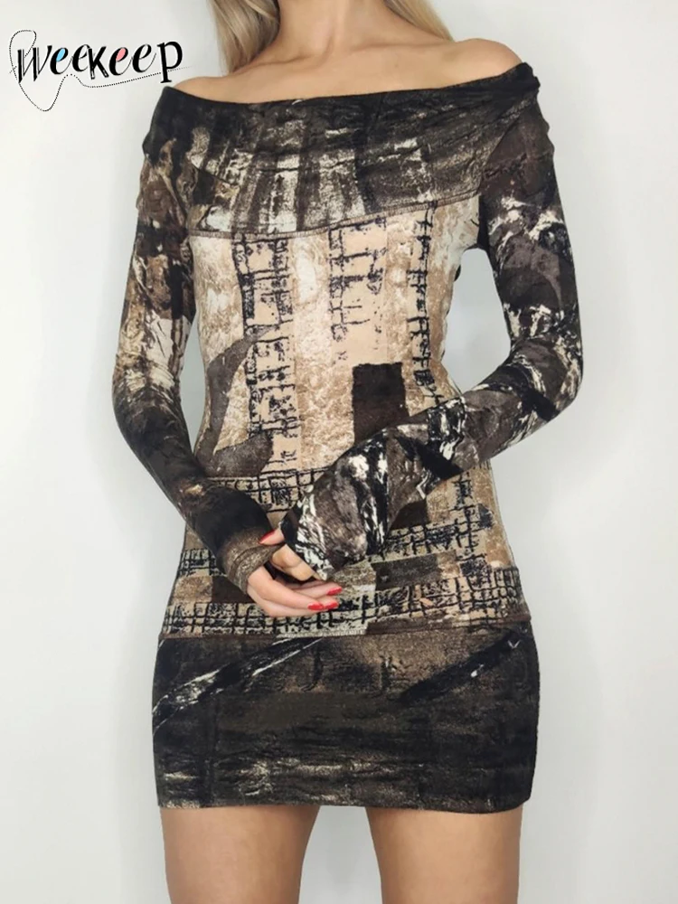 

Weekeep Vintage y2k Print Mini Dress Off Shoulder Slash Neck Full Sleeve Skinny Dresses Summer Harajuku Women Outfits y2k Casual