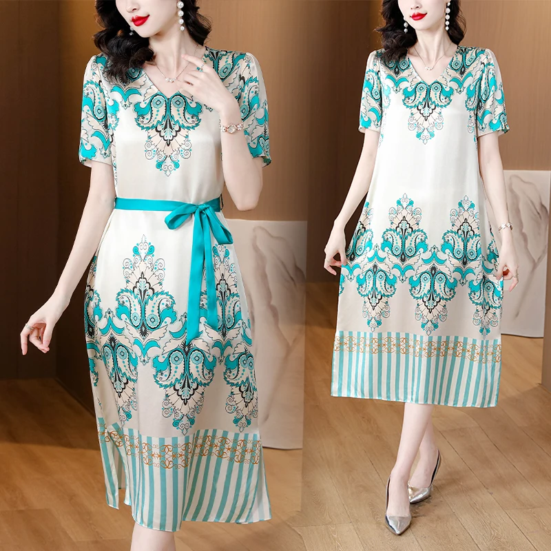2023 Summer British V-neck Silk Satin Printed Dress for Women's Loose Large Slim Knee Length Dress Short Sleeve Long Style Robe
