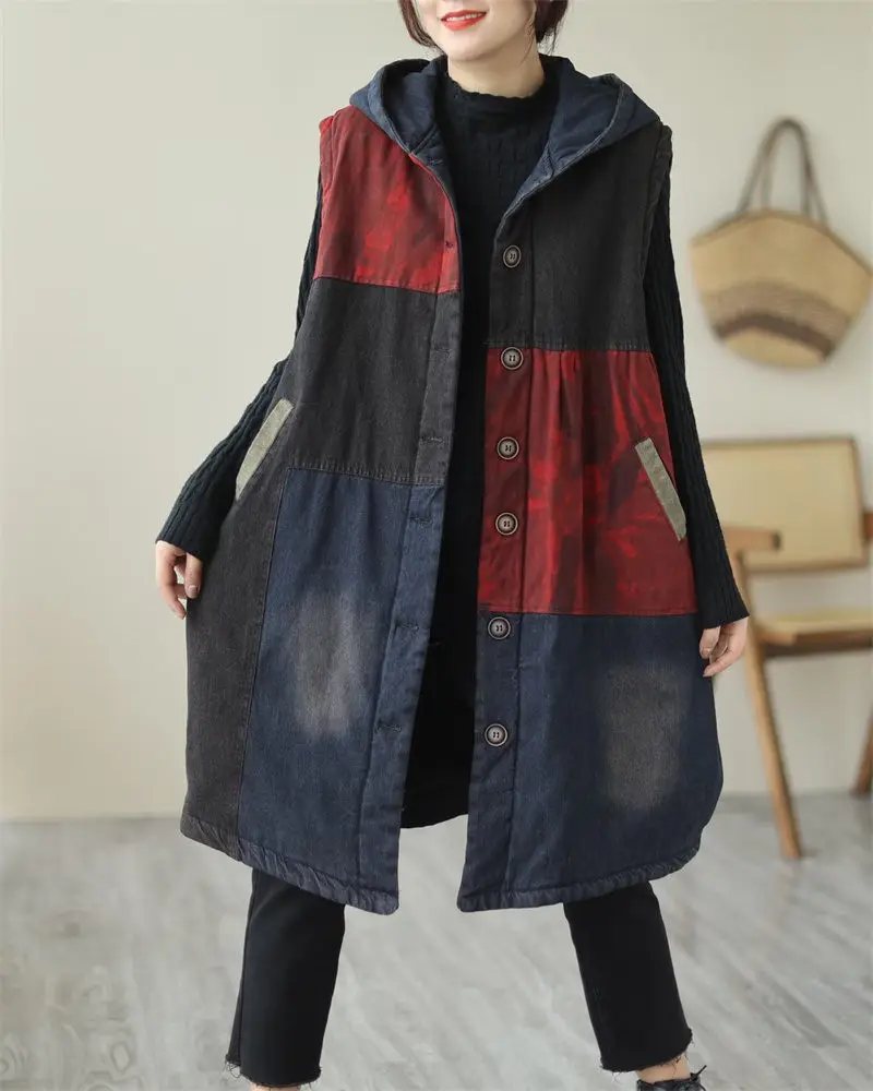 Korean Women Winter Denim Vest 2022 Vintage Wash Jeans Color Matching Hooded Cotton Jacket Loose Large Size Long Waistcoat T1048