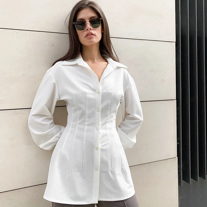 

Spring Autumn Women White Shirt Dress Fashion Turn-down Collar Long Sleeve Shirred Slim Tops Office Lady Elegant Business Blouse