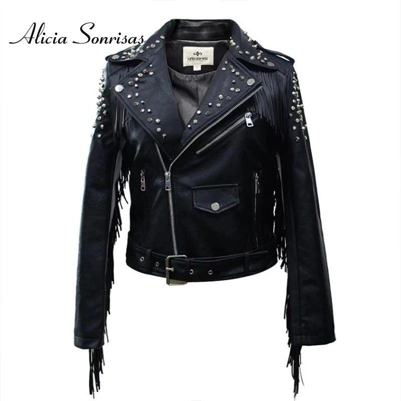 Женская байкерская куртка с бахромой и заклепками Черная из искусственной кожи