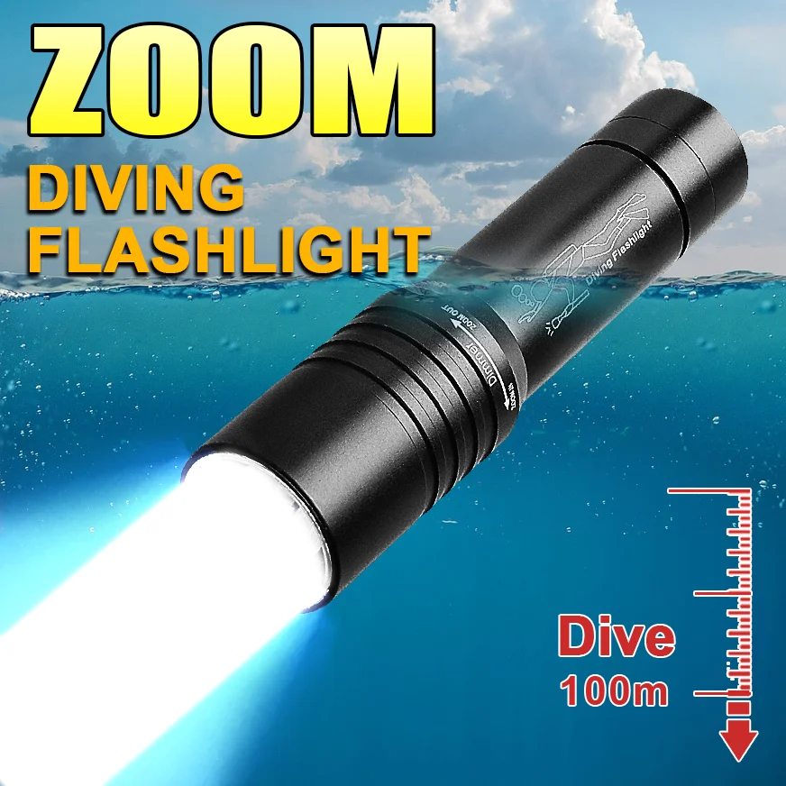 

Powerful Professional Diving Flashlight T6 Wick High Power Rechargeable Led Underwater Hand Lantern Telescopic Zoom Diving Torch