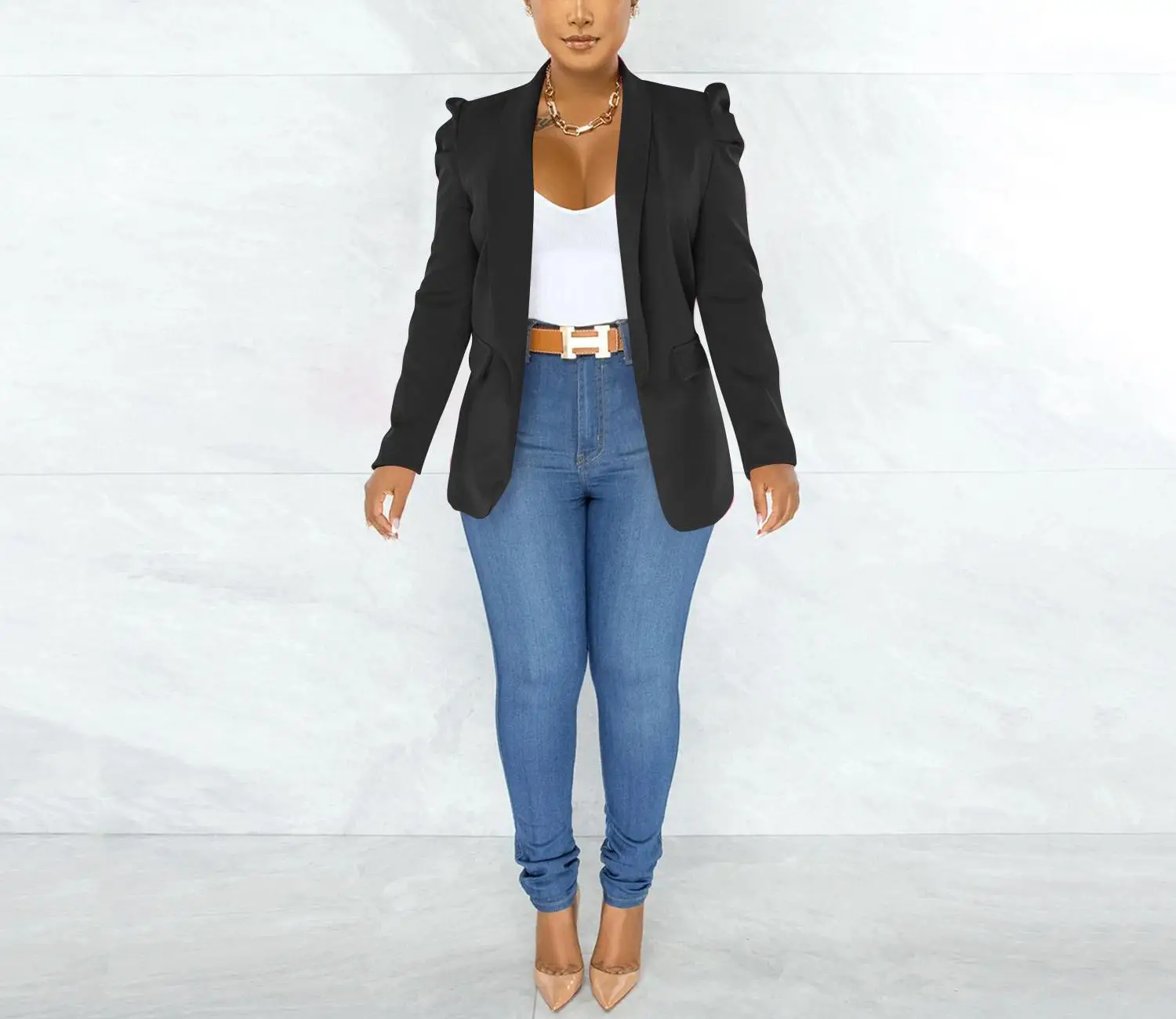 2023 Autumn Fashion New Solid Color Long-sleeved Wrinkled Puff Sleeve Suit Jacket Blazer Women