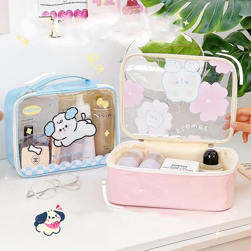 

Kawaii Beach Bag for Women PVC Transparent Large Capacity Cartoon Makeup Bags Korean Fashion Cute Pink Waterproof Toiletries Bag