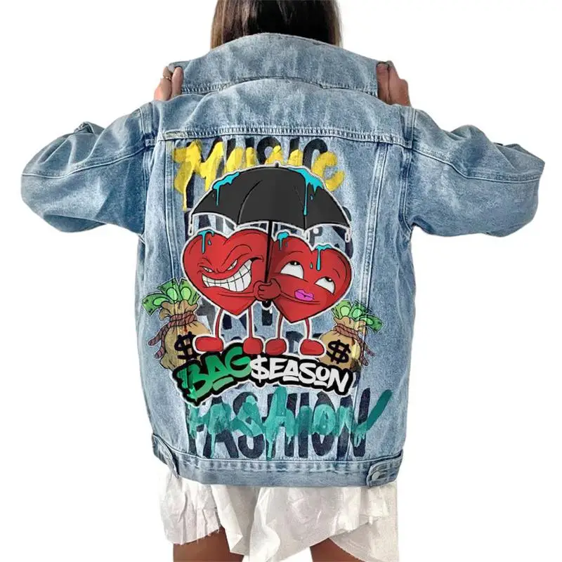 Женское джинсовое пальто модное повседневное большого размера с мультяшным