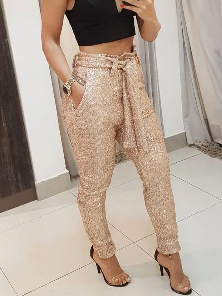 

Sequins Fashion New Women's Harem Pants Femme Casual Pencil Trouses Lace Up Belt Lady 2022 Spring
