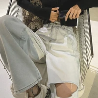 light blue hole jeans women high waist straight ripped all match casual loose vintage y2k aesthetic denim trousers streetwear
