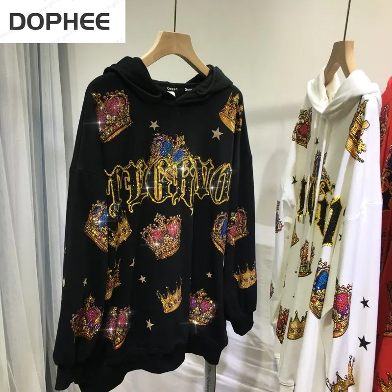 Luxury Shiny Crown Hot Drill Women Hoodies Top Oversize All-match Loose Long Sleeve Sweatshirt Streetwear Autumn Winter Clothes