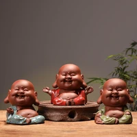 1 pcs handmade purple clay lovely buddha monk figurine ornament fingertip small tea pets boutique tea table tea set crafts