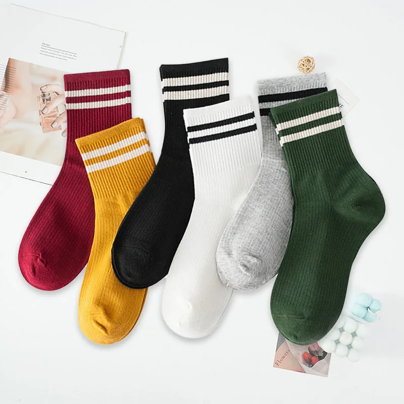 Funny Cute Cotton Loose Striped Crew Socks Women Fashion Colorful Harajuku Designer Retro Long Socks School Girls Socks Black